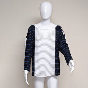ST. JOHN Viscose/Spandex White & Navy Blue Striped Nautical Top